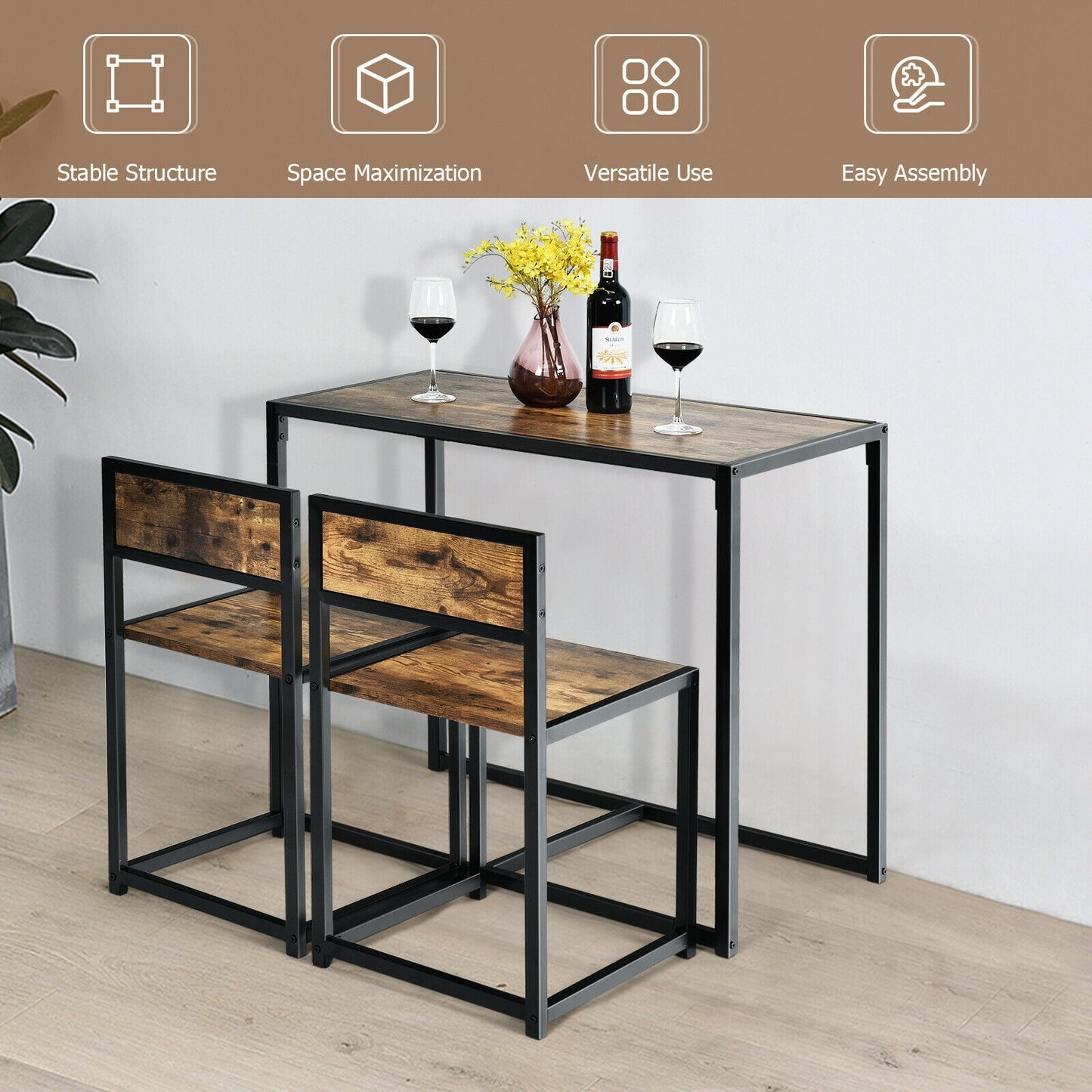 Space-Saving 3-Piece Dining Set with Metal Frame Table and 2 Chairs for Cozy Areas