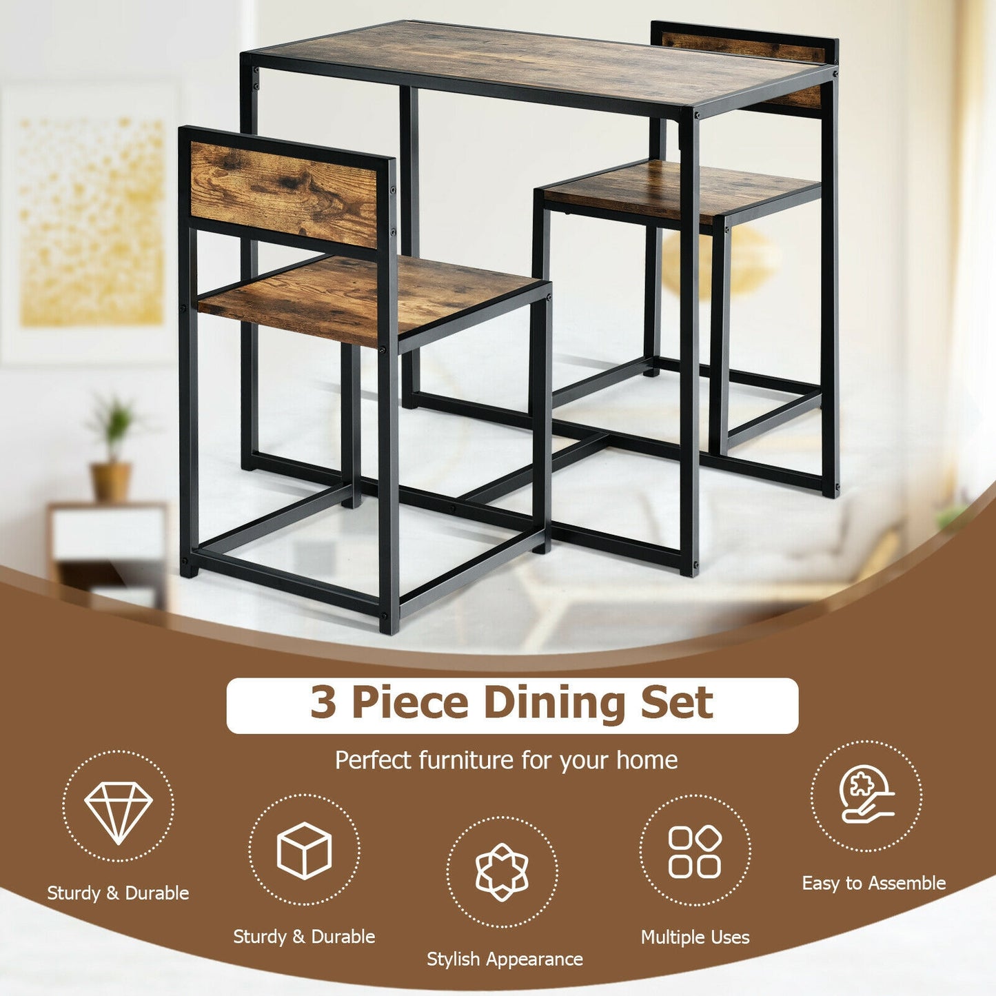 Space-Saving 3-Piece Dining Set with Metal Frame Table and 2 Chairs for Cozy Areas