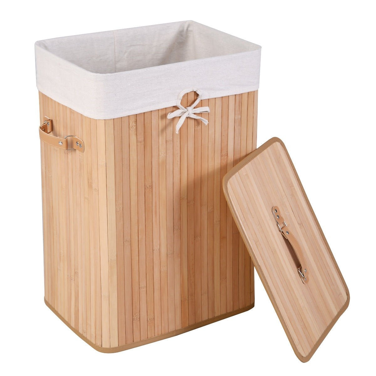 Rectangular Bamboo Laundry Basket with Lid and PU Leather Handles