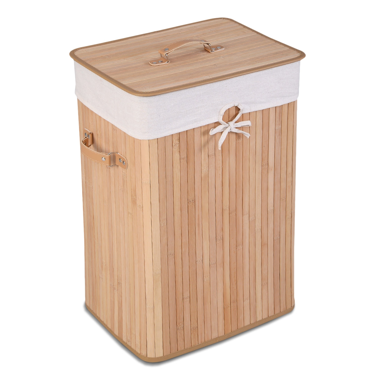 Rectangular Bamboo Laundry Basket with Lid and PU Leather Handles
