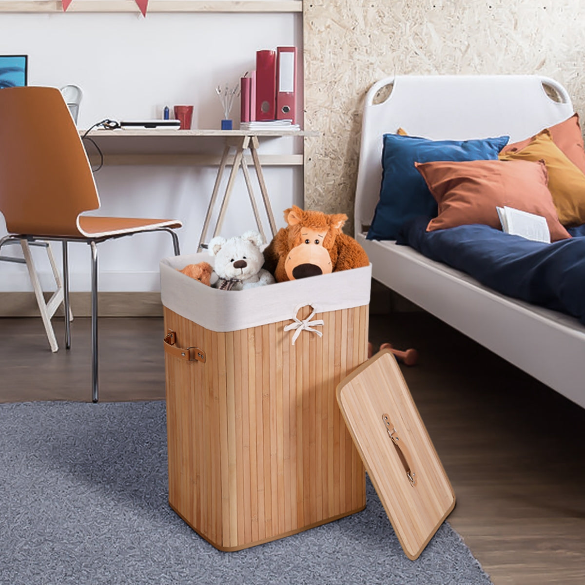 Rectangular Bamboo Laundry Basket with Lid and PU Leather Handles
