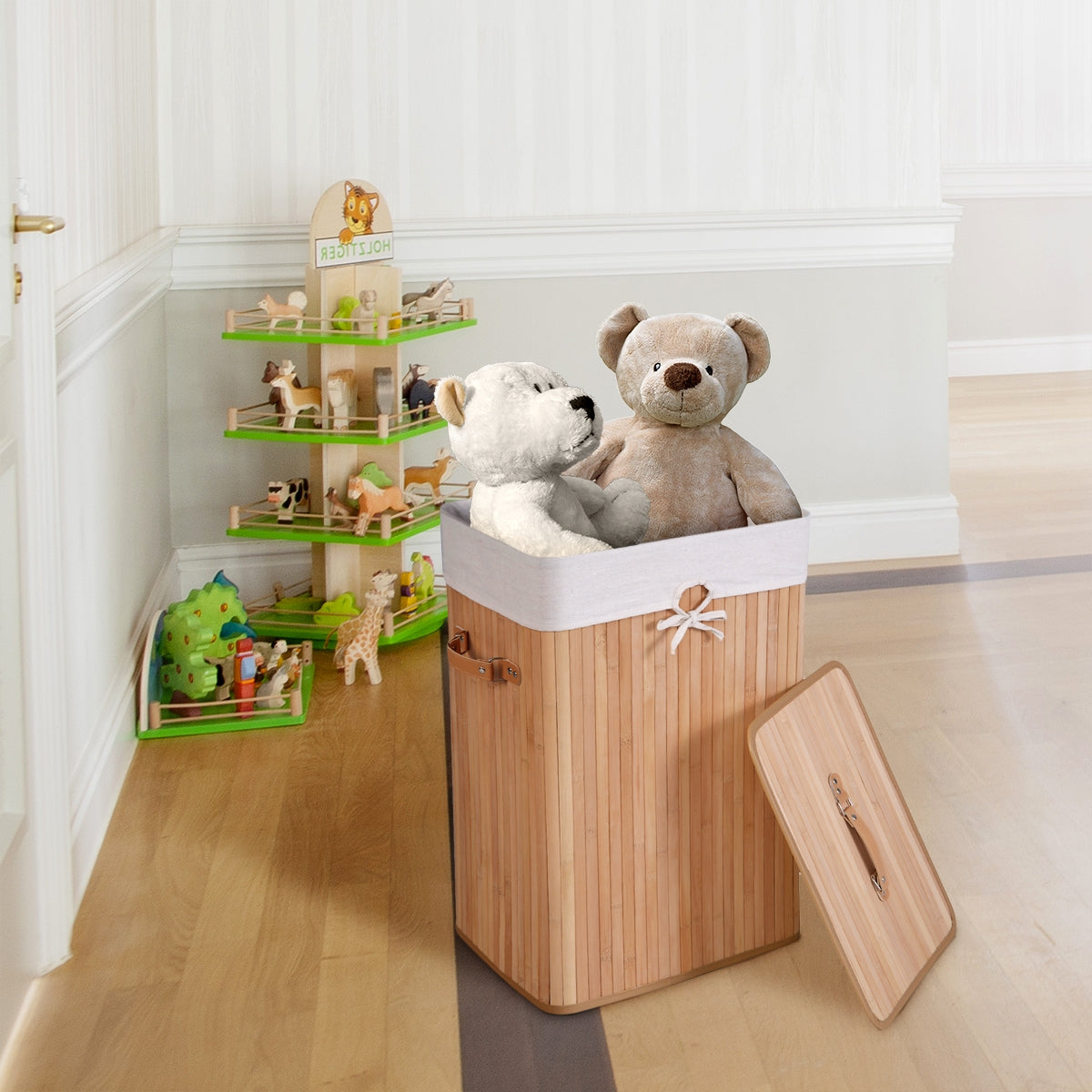 Rectangular Bamboo Laundry Basket with Lid and PU Leather Handles