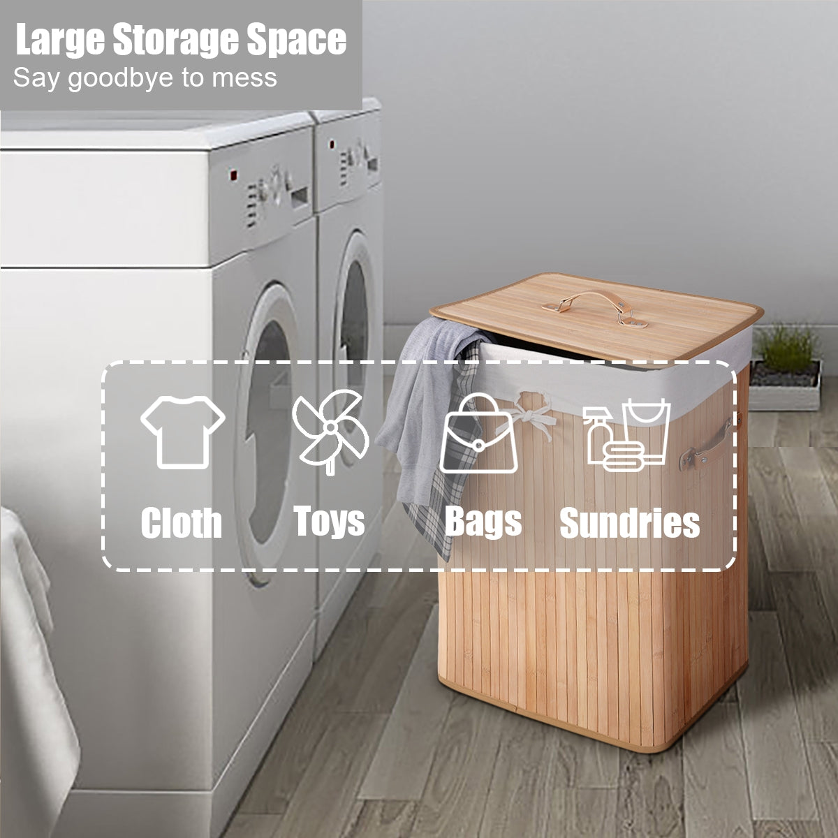 Rectangular Bamboo Laundry Basket with Lid and PU Leather Handles