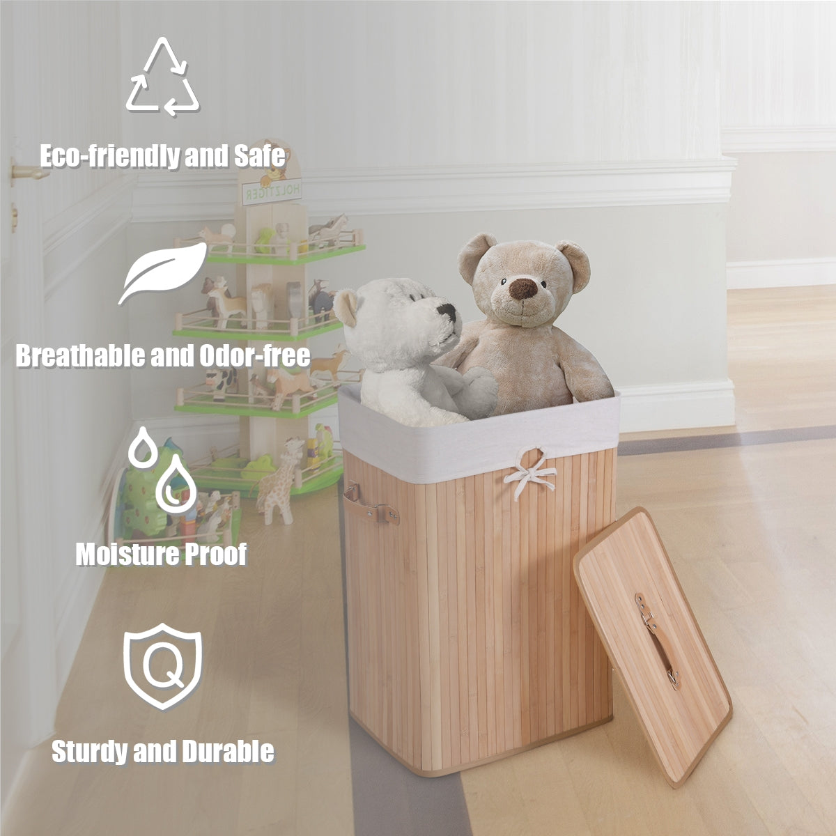 Rectangular Bamboo Laundry Basket with Lid and PU Leather Handles