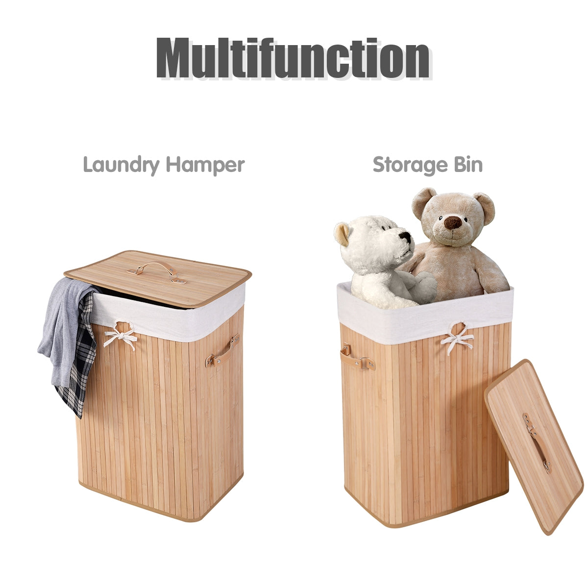 Rectangular Bamboo Laundry Basket with Lid and PU Leather Handles