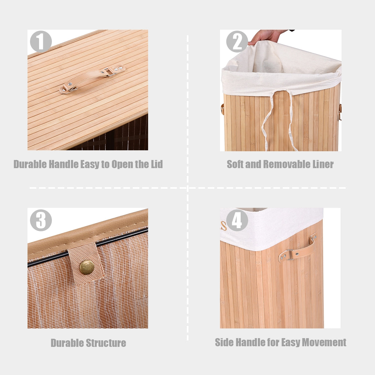 Rectangular Bamboo Laundry Basket with Lid and PU Leather Handles