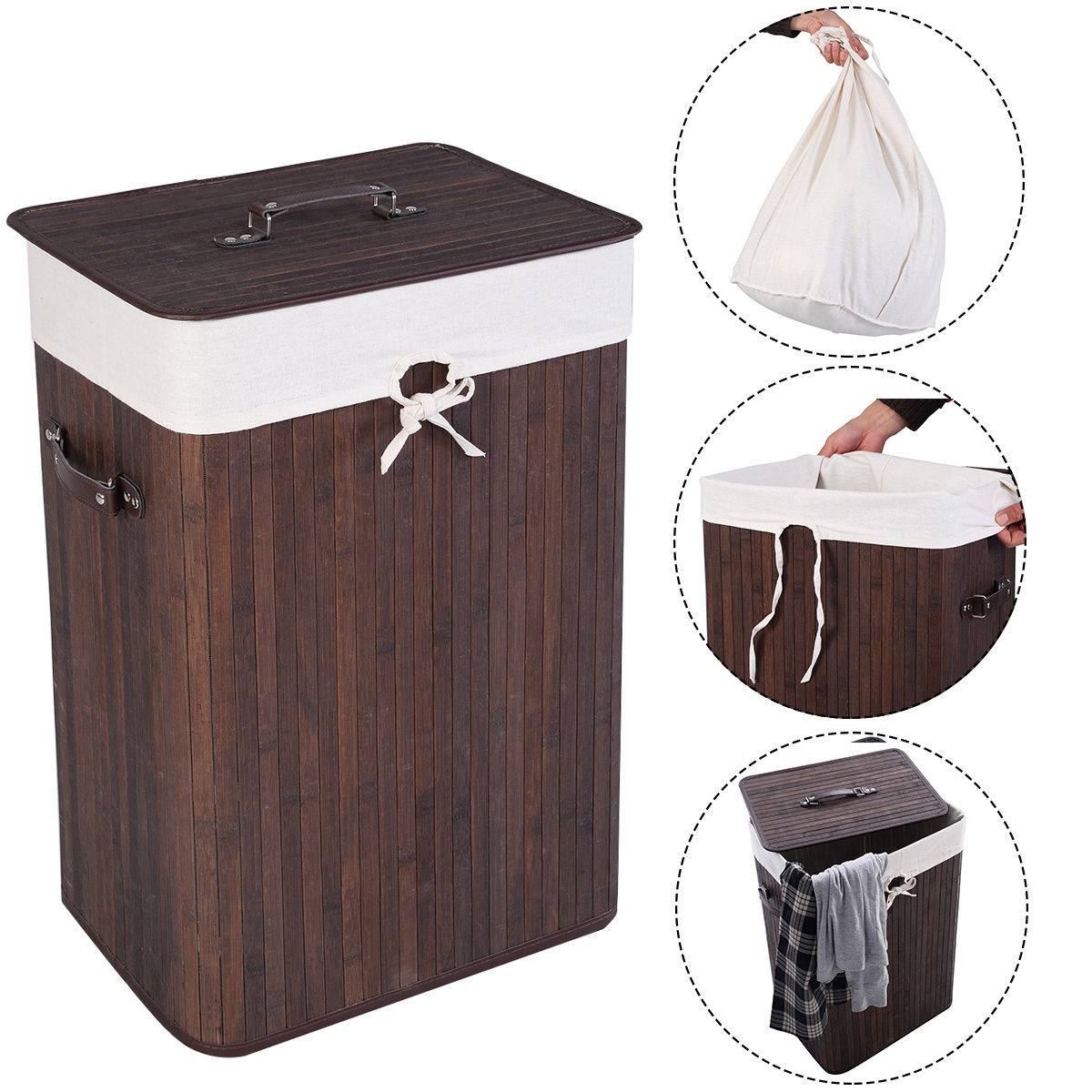 Rectangular Bamboo Laundry Basket with Lid and PU Leather Handles
