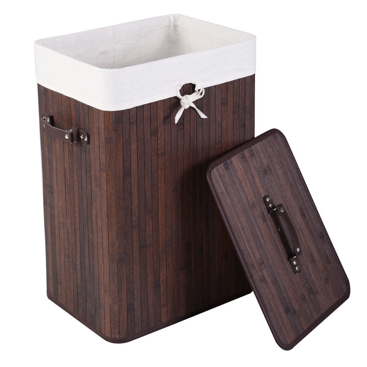 Rectangular Bamboo Laundry Basket with Lid and PU Leather Handles