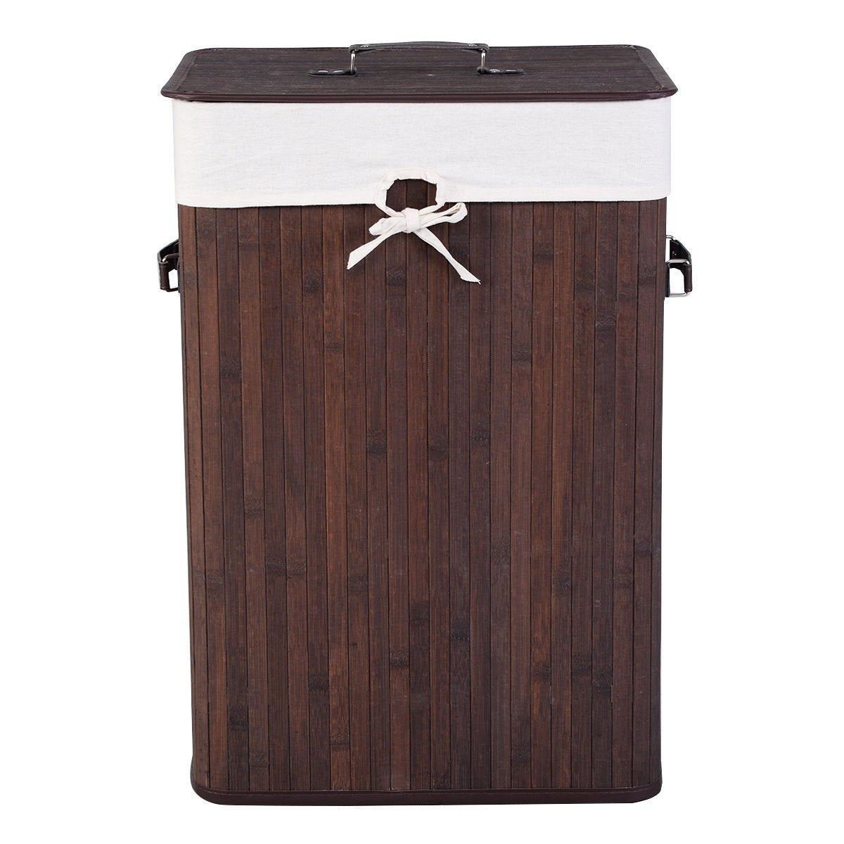 Rectangular Bamboo Laundry Basket with Lid and PU Leather Handles