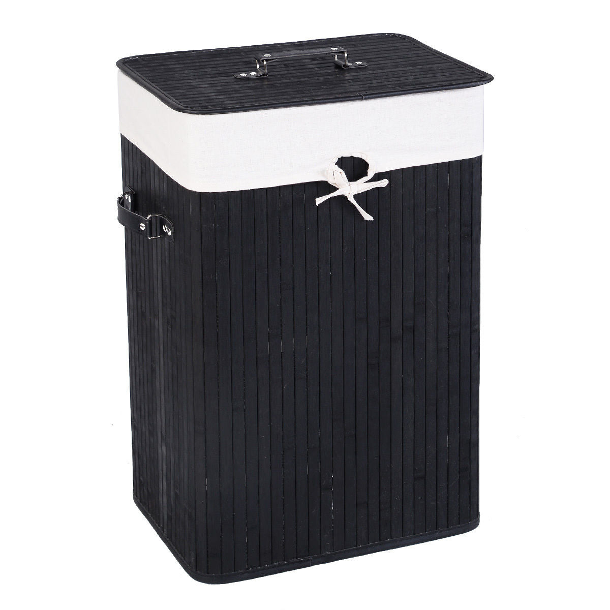 Rectangular Bamboo Laundry Basket with Lid and PU Leather Handles
