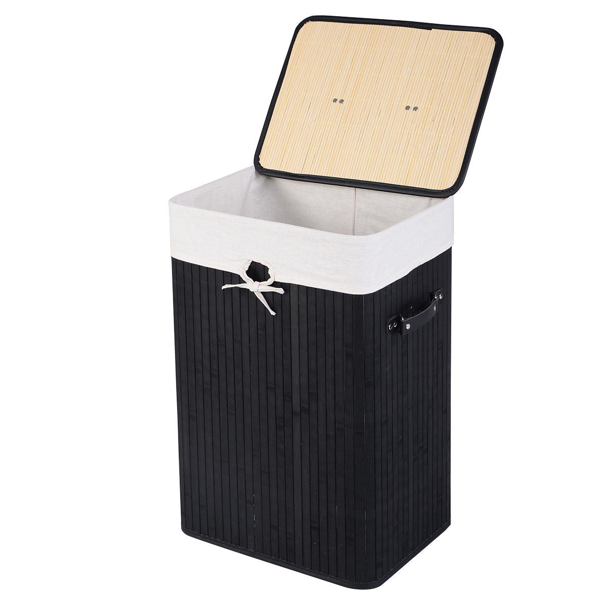 Rectangular Bamboo Laundry Basket with Lid and PU Leather Handles