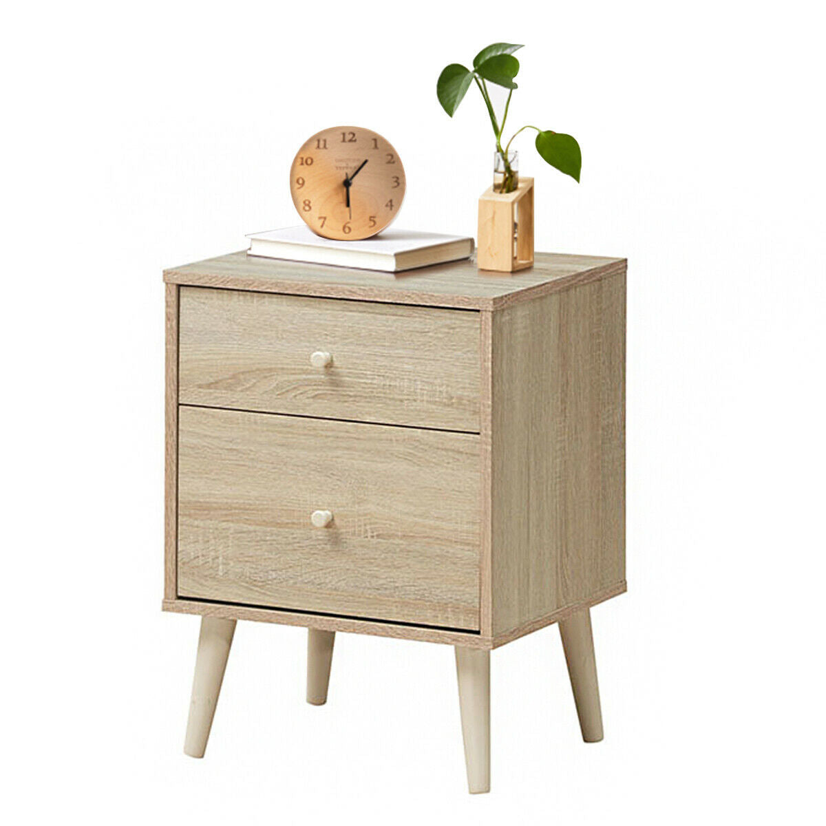 2-Drawer Nightstand with Storage and Rubber Wood Legs Natural