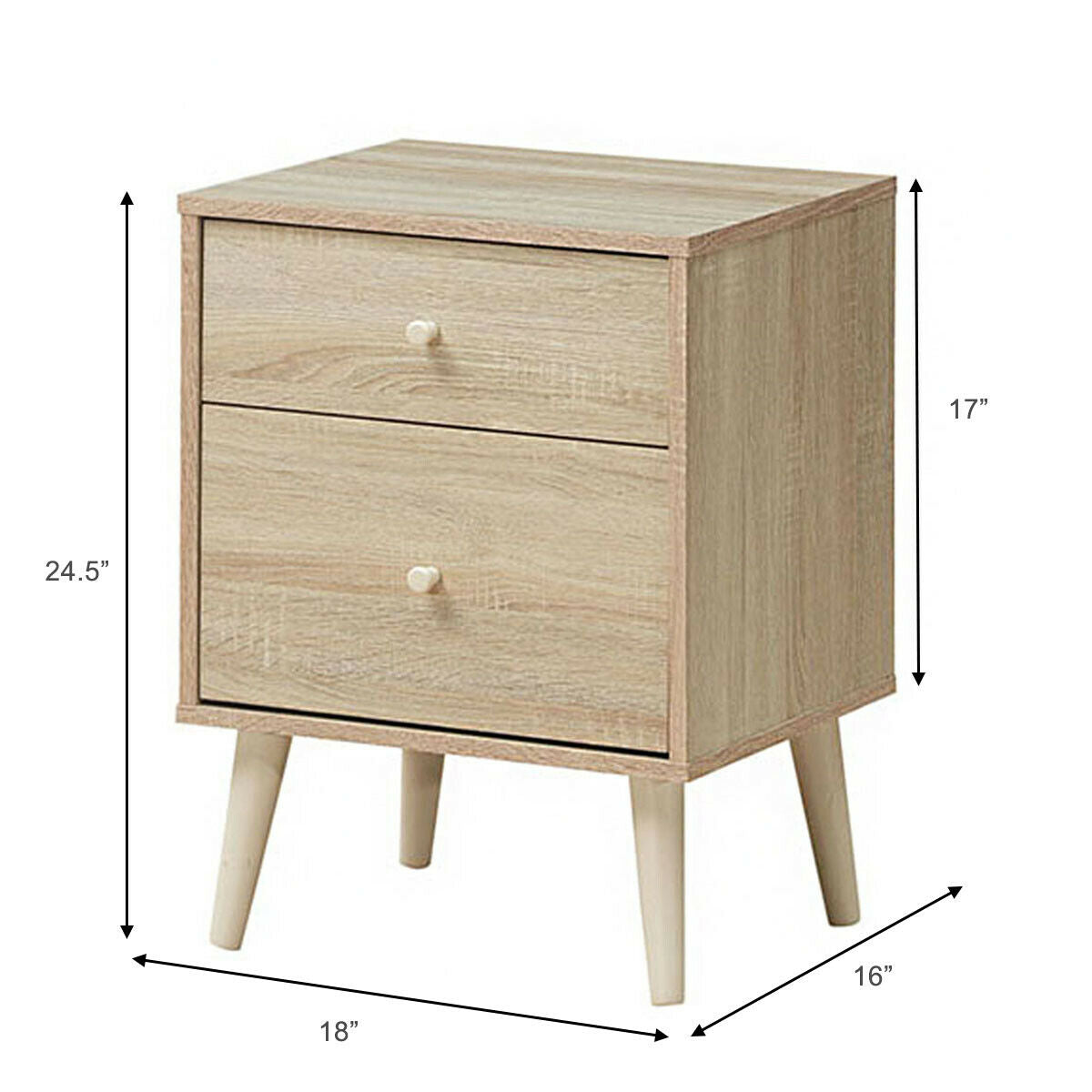 2-Drawer Nightstand with Storage and Rubber Wood Legs Natural