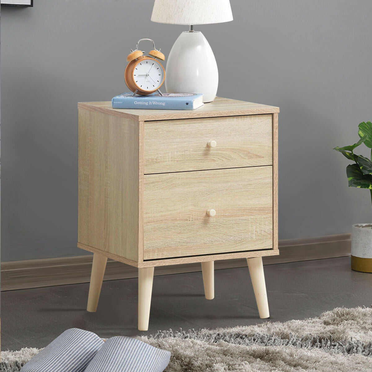 2-Drawer Nightstand with Storage and Rubber Wood Legs Natural