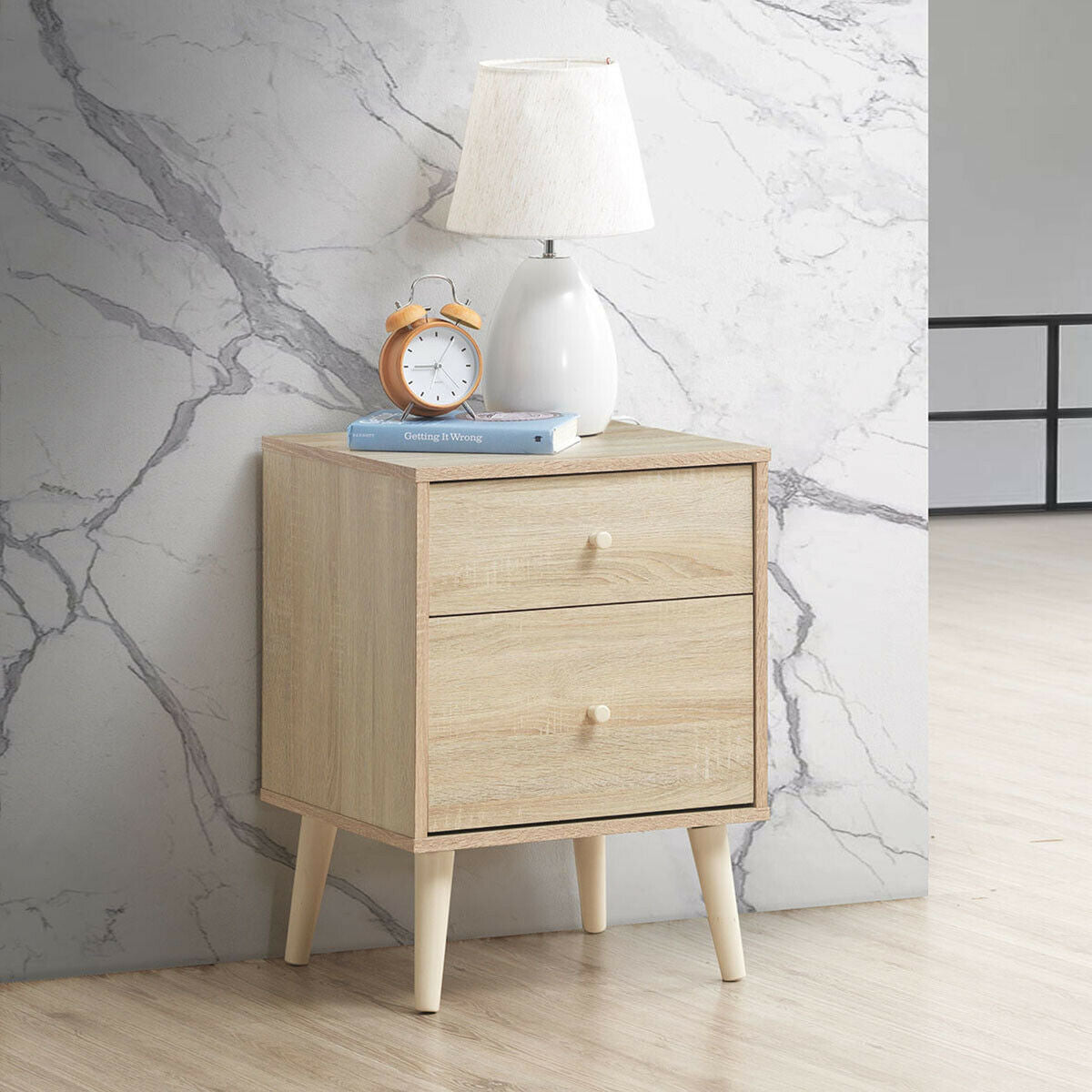 2-Drawer Nightstand with Storage and Rubber Wood Legs Natural