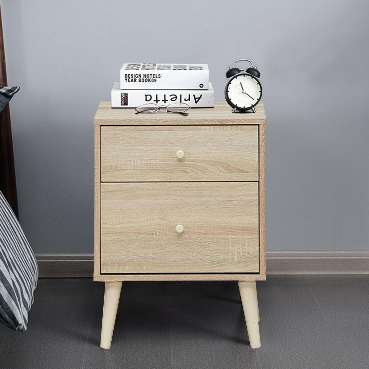2-Drawer Nightstand with Storage and Rubber Wood Legs Natural