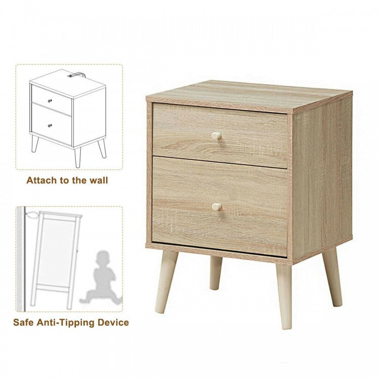 2-Drawer Nightstand with Storage and Rubber Wood Legs Natural