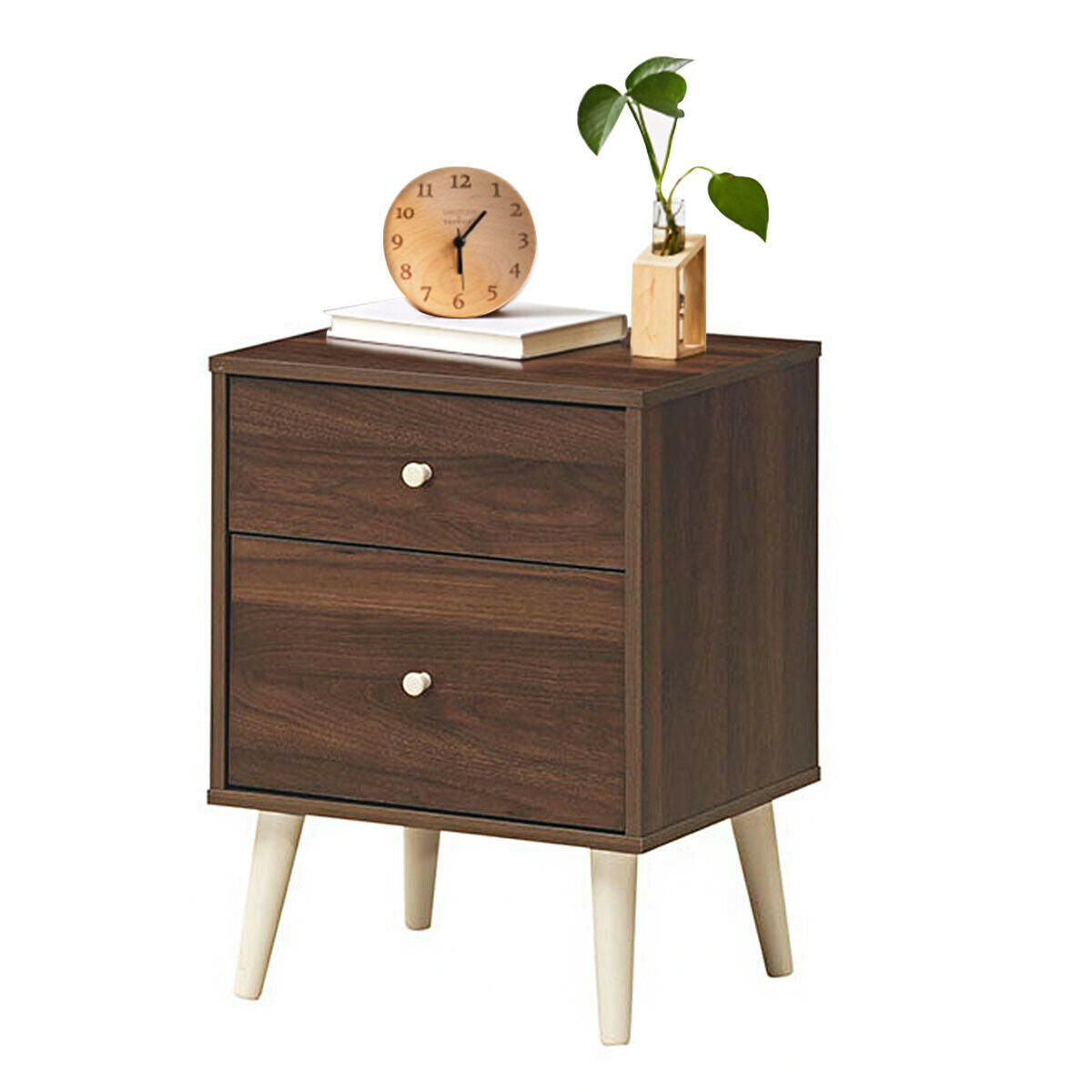 2-Drawer Nightstand with Storage and Rubber Wood Legs Brown