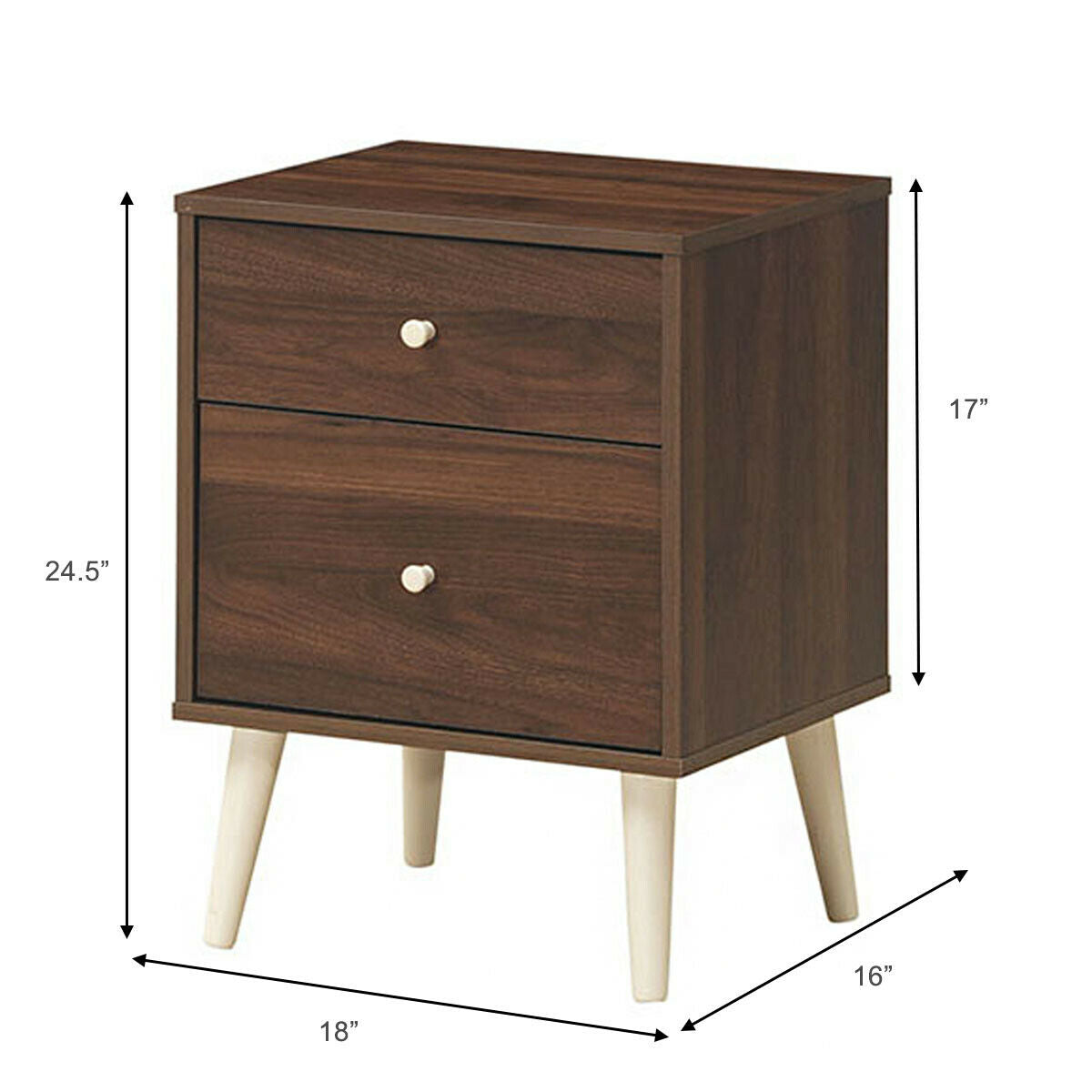 2-Drawer Nightstand with Storage and Rubber Wood Legs Brown