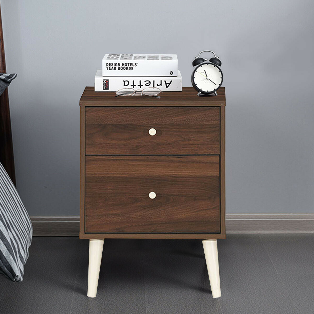 2-Drawer Nightstand with Storage and Rubber Wood Legs Brown