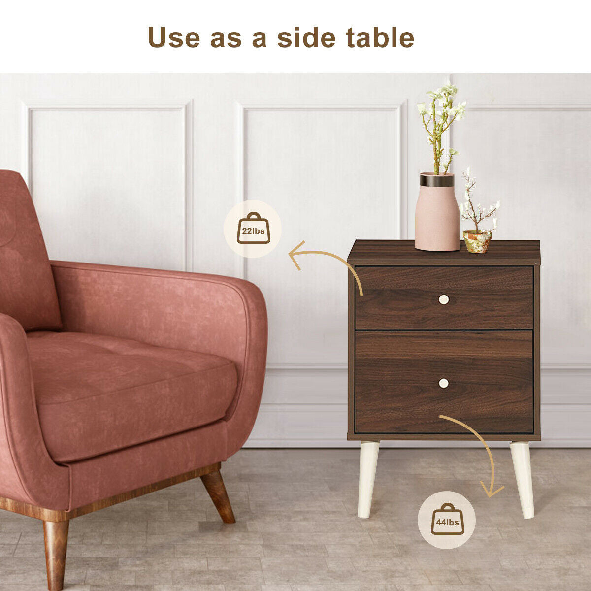 2-Drawer Nightstand with Storage and Rubber Wood Legs Brown