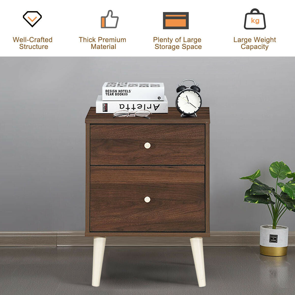 2-Drawer Nightstand with Storage and Rubber Wood Legs Brown