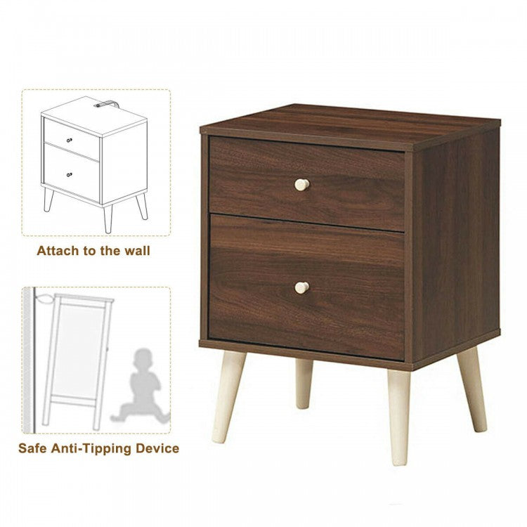 2-Drawer Nightstand with Storage and Rubber Wood Legs Brown