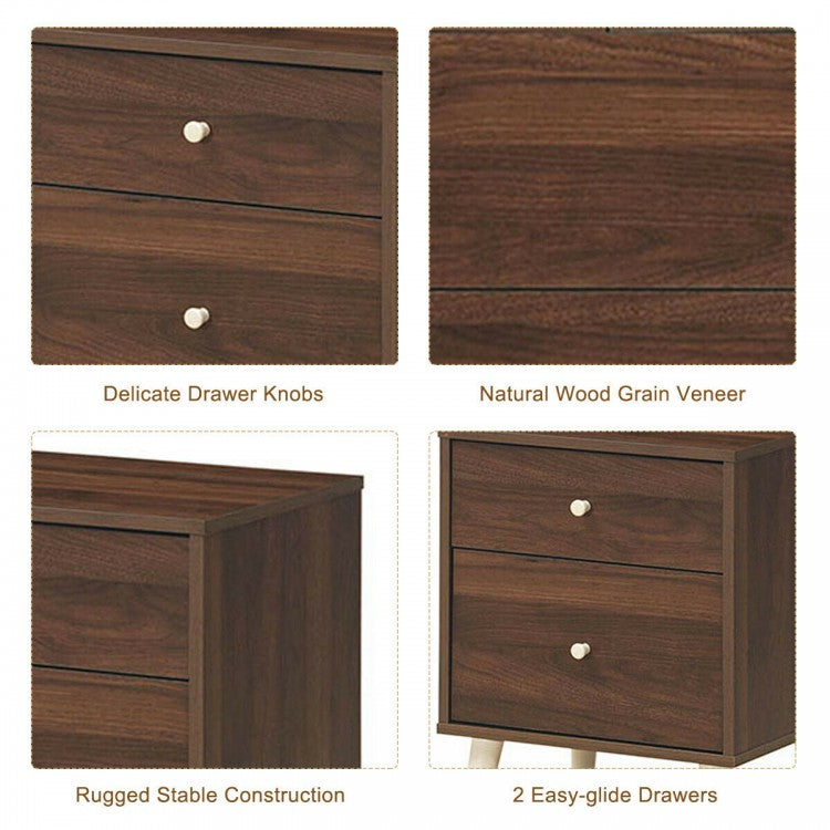 2-Drawer Nightstand with Storage and Rubber Wood Legs Brown