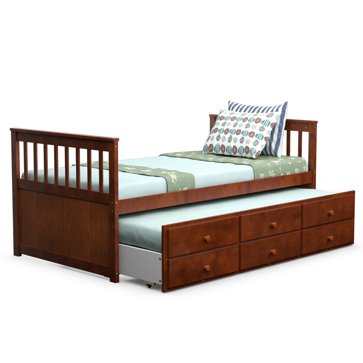 Wood Twin Captain’s Bed with Trundle and Three Storage Drawers for Kids or Guest Room Walnut