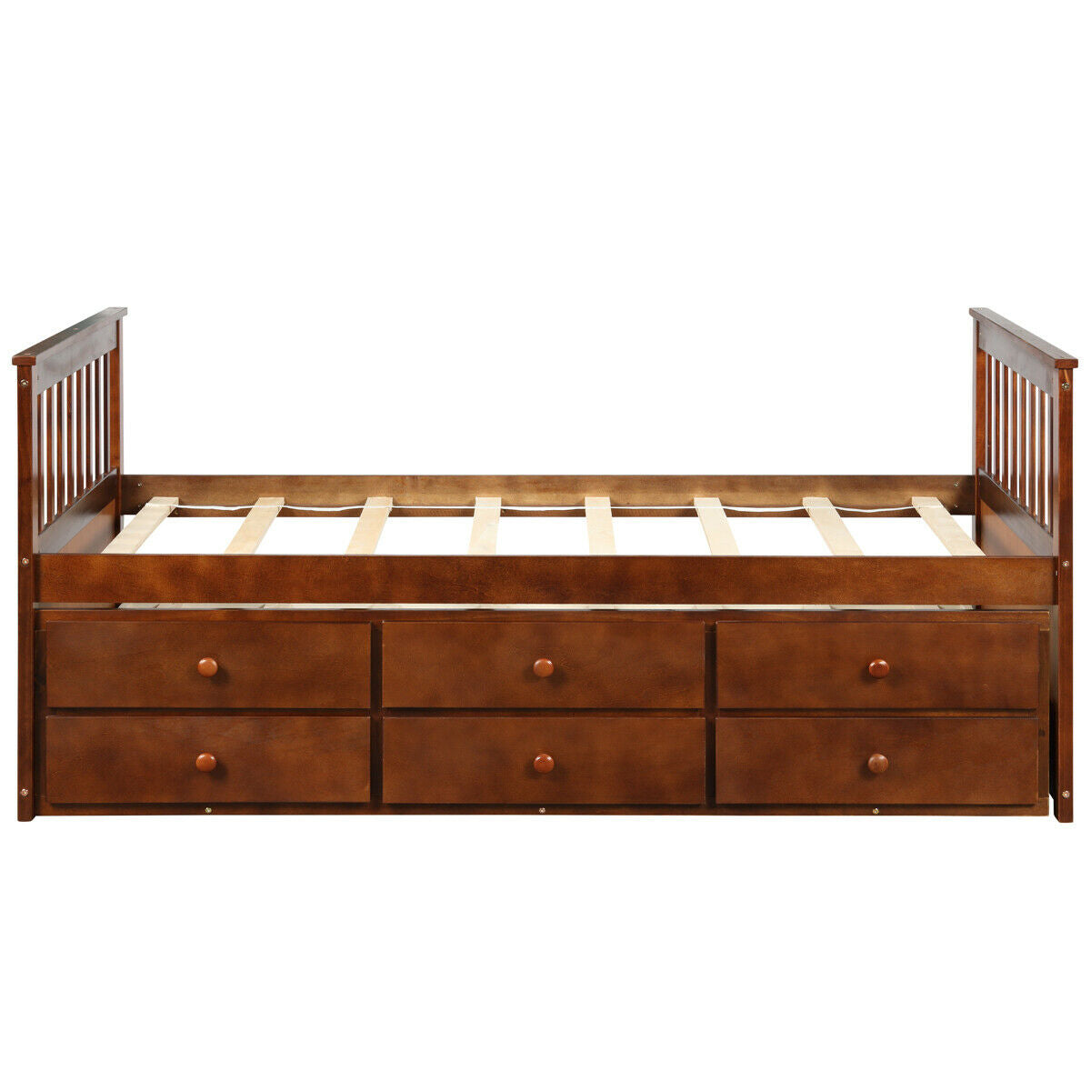 Wood Twin Captain’s Bed with Trundle and Three Storage Drawers for Kids or Guest Room Walnut