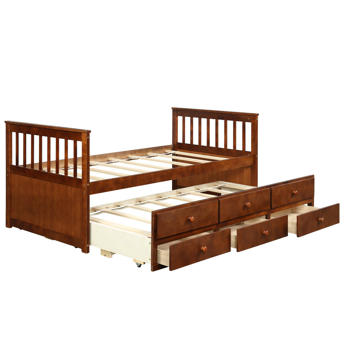 Wood Twin Captain’s Bed with Trundle and Three Storage Drawers for Kids or Guest Room Walnut