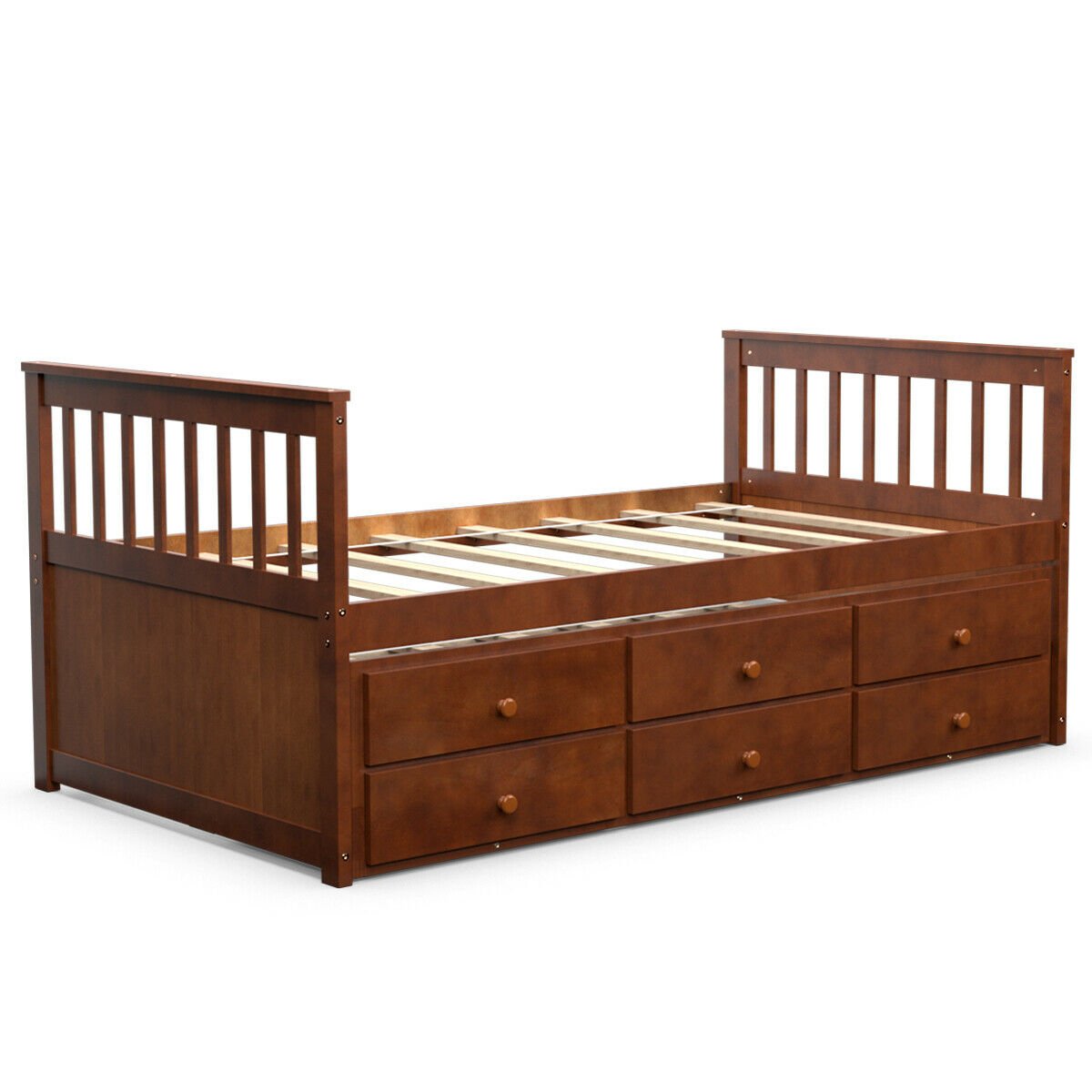 Wood Twin Captain’s Bed with Trundle and Three Storage Drawers for Kids or Guest Room Walnut