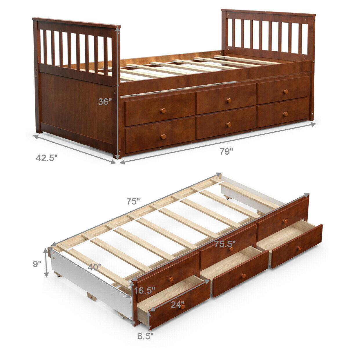 Wood Twin Captain’s Bed with Trundle and Three Storage Drawers for Kids or Guest Room Walnut