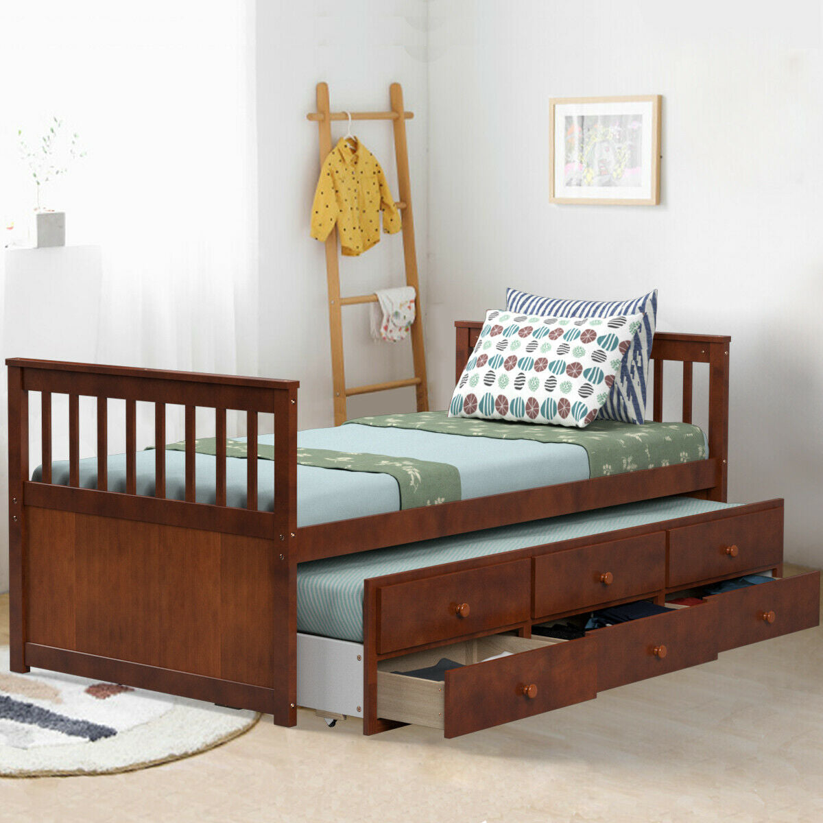 Wood Twin Captain’s Bed with Trundle and Three Storage Drawers for Kids or Guest Room Walnut