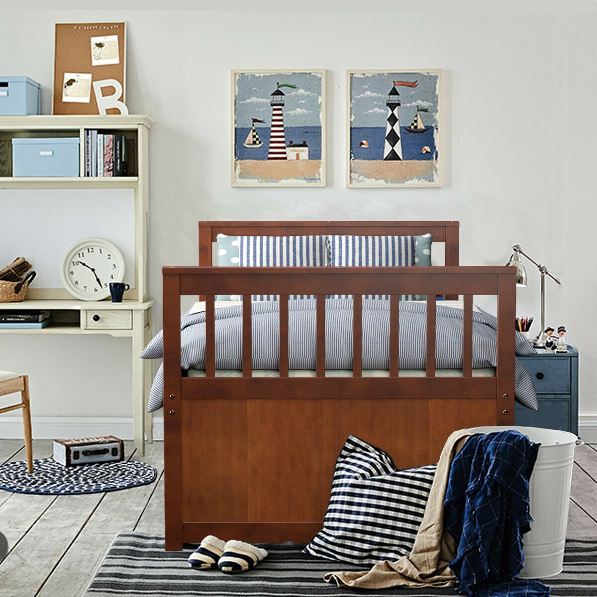 Wood Twin Captain’s Bed with Trundle and Three Storage Drawers for Kids or Guest Room Walnut