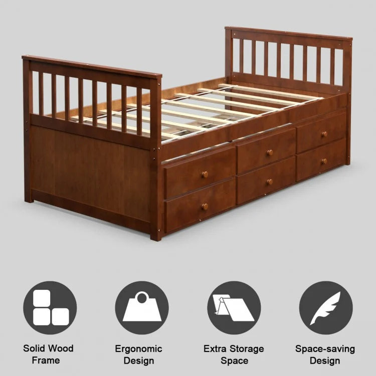Wood Twin Captain’s Bed with Trundle and Three Storage Drawers for Kids or Guest Room Walnut