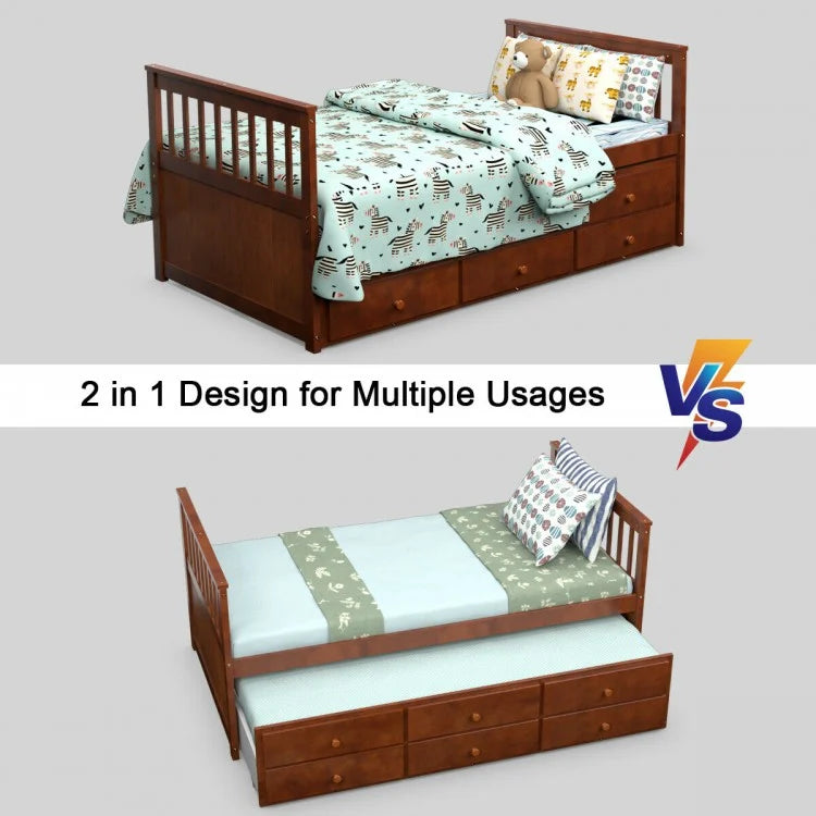 Wood Twin Captain’s Bed with Trundle and Three Storage Drawers for Kids or Guest Room Walnut