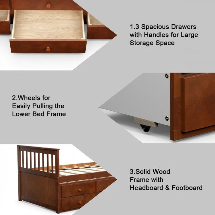 Wood Twin Captain’s Bed with Trundle and Three Storage Drawers for Kids or Guest Room Walnut