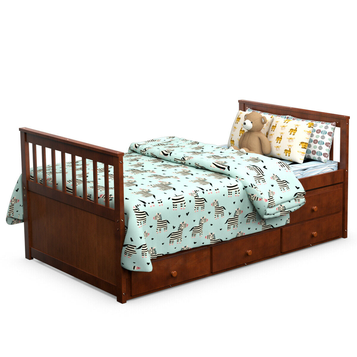 Wood Twin Captain’s Bed with Trundle and Three Storage Drawers for Kids or Guest Room Walnut