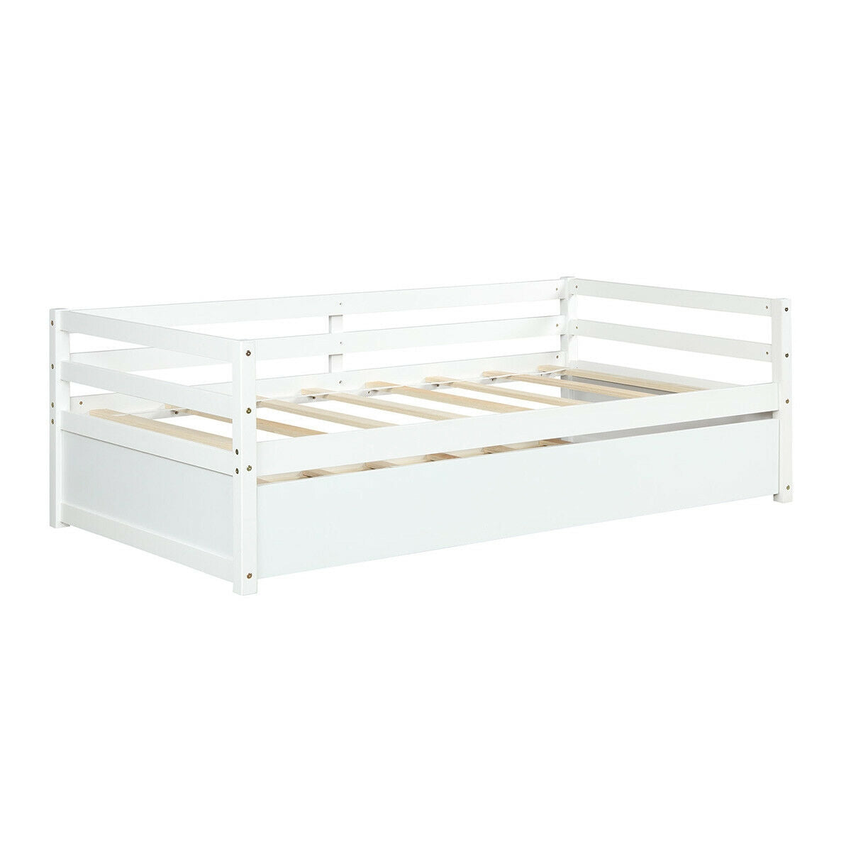 Space Saving Twin Daybed with Pull Out Trundle and Sturdy Wood Slat Frame - White