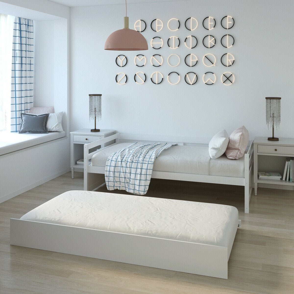 Space Saving Twin Daybed with Pull Out Trundle and Sturdy Wood Slat Frame - White