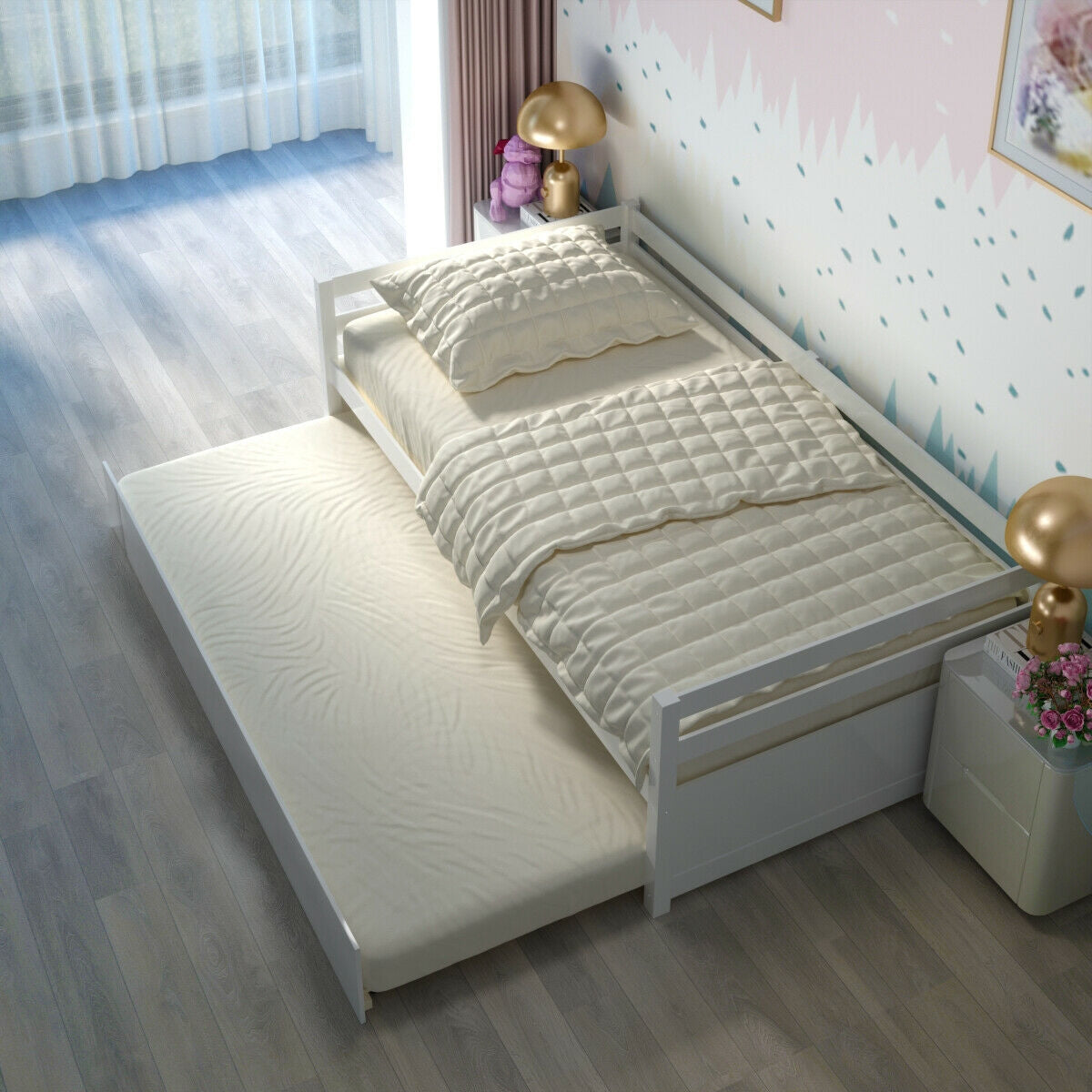 Space Saving Twin Daybed with Pull Out Trundle and Sturdy Wood Slat Frame - White