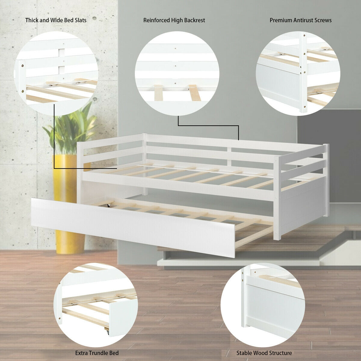 Space Saving Twin Daybed with Pull Out Trundle and Sturdy Wood Slat Frame - White