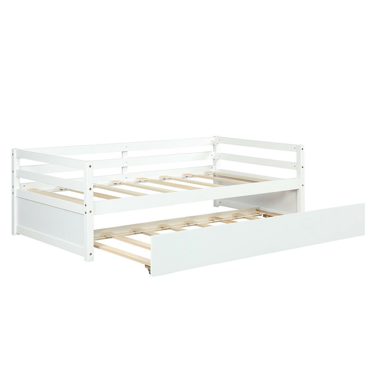 Space Saving Twin Daybed with Pull Out Trundle and Sturdy Wood Slat Frame - White