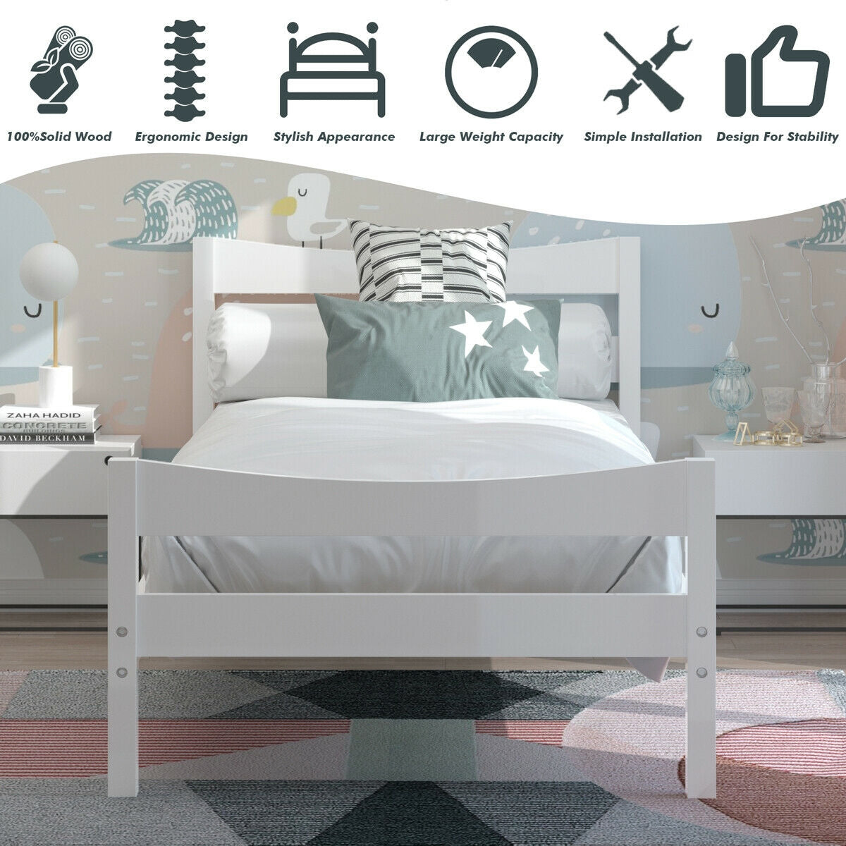 Elegant Twin Size Platform Bed Frame with Slat Support Foundation – White