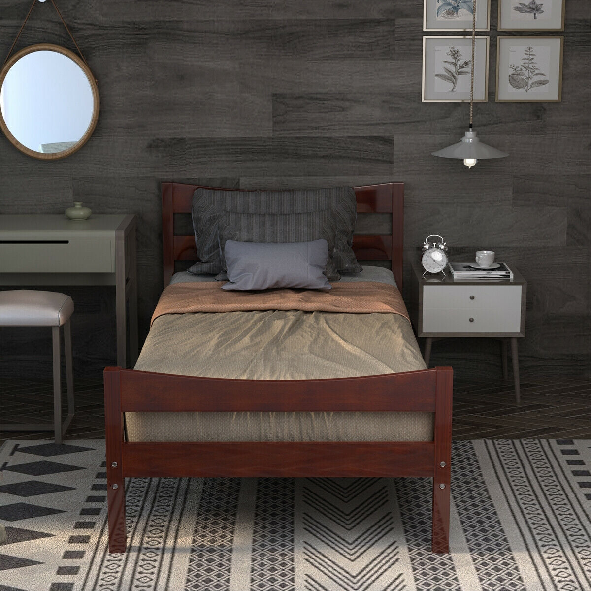 Elegant Twin Size Platform Bed Frame with Slat Support Foundation – Walnut