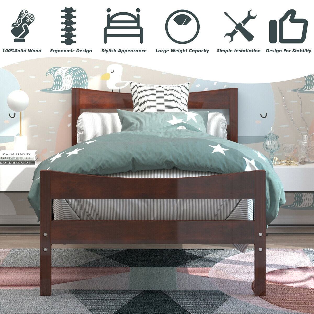 Elegant Twin Size Platform Bed Frame with Slat Support Foundation – Walnut