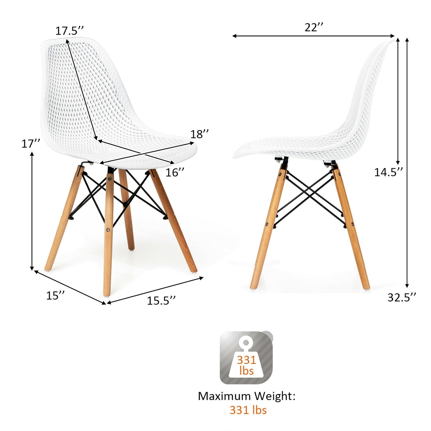 Set of 2 Modern Plastic Hollow Dining Chairs with Wooden Legs for Home and Office - White