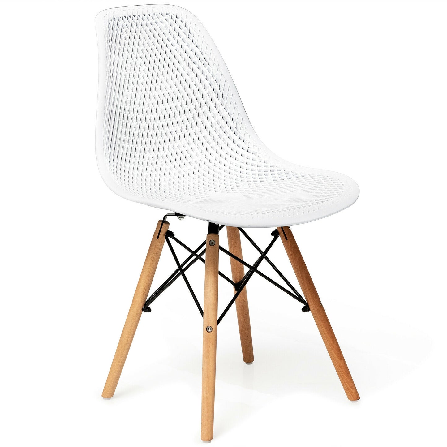 Set of 2 Modern Plastic Hollow Dining Chairs with Wooden Legs for Home and Office - White