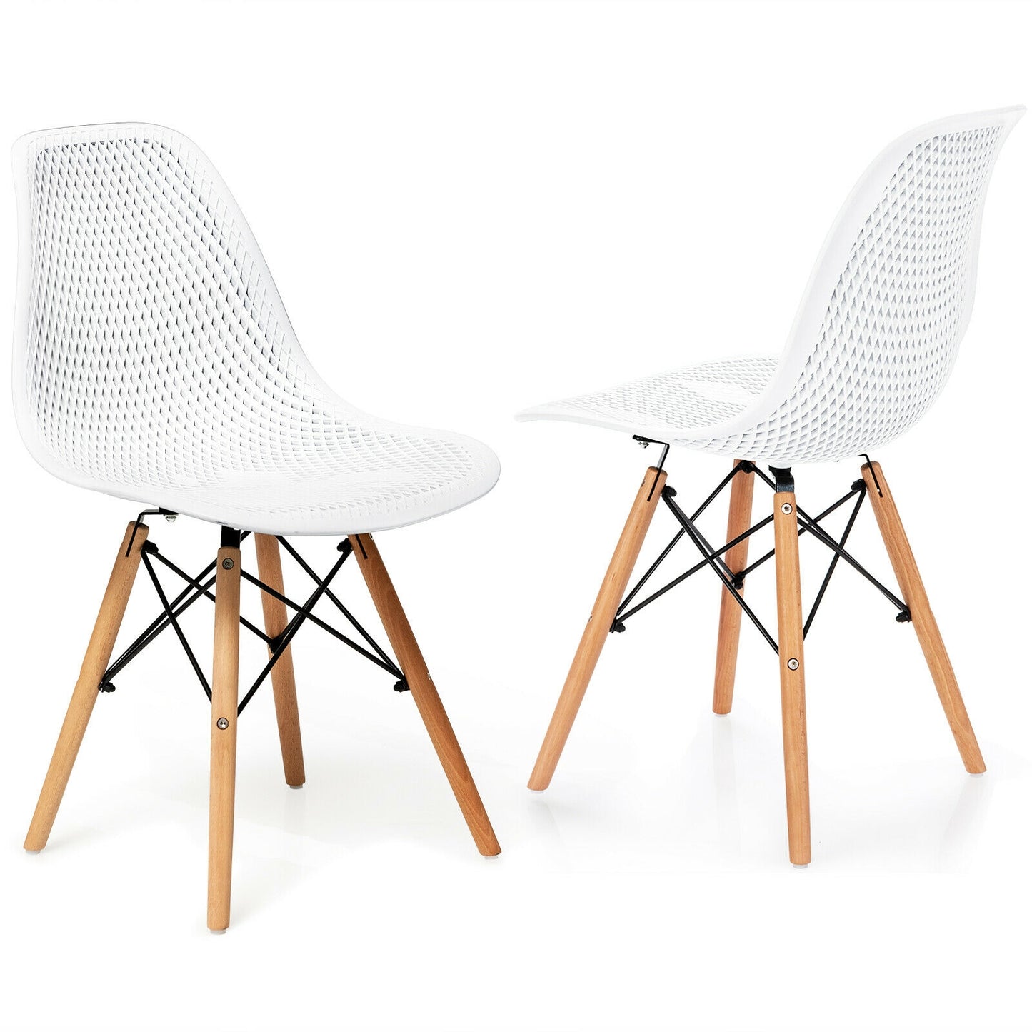 Set of 2 Modern Plastic Hollow Dining Chairs with Wooden Legs for Home and Office - White